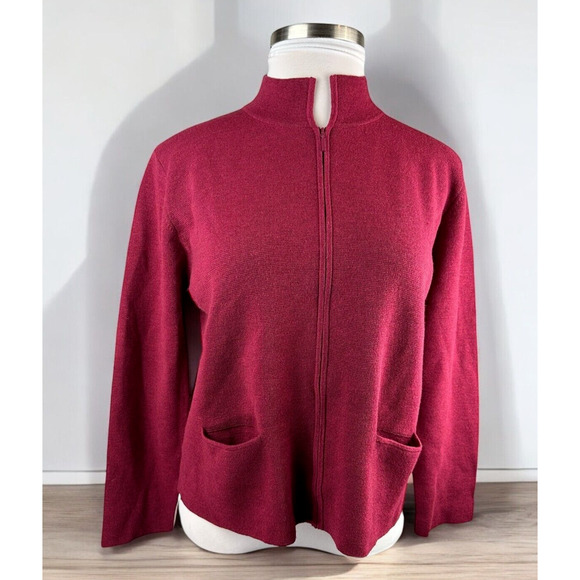 Eileen Fisher 100% Wool Full Zip Cardigan Sweater Jacket Red Burgundy Medium - Picture 2 of 13